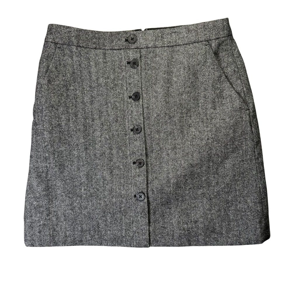 J.Crew Herringbone Wool Mini Skirt Button Front Preppy Career Size 2 Grey Office